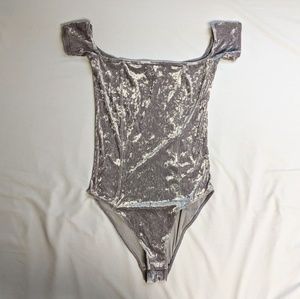 Silver crushed velvet off-the-shoulder bodysuit